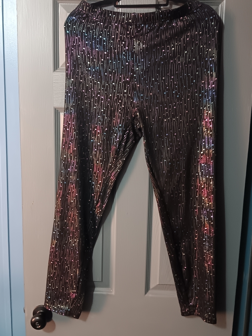 Women Black Sparkle Leggings with Multicolor Starburst